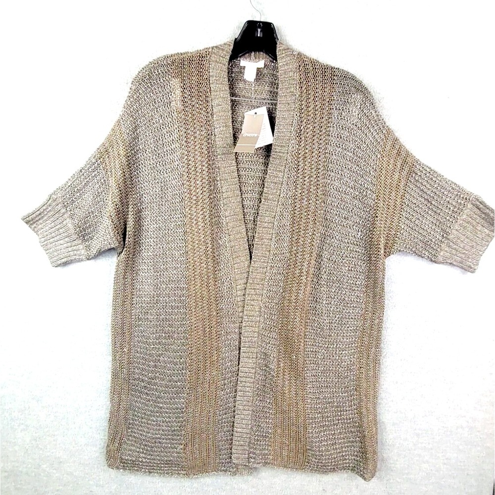 NEW Chicos Womens Sweater M Gray Brown Metallic Noelle Texture Cardigan Holiday